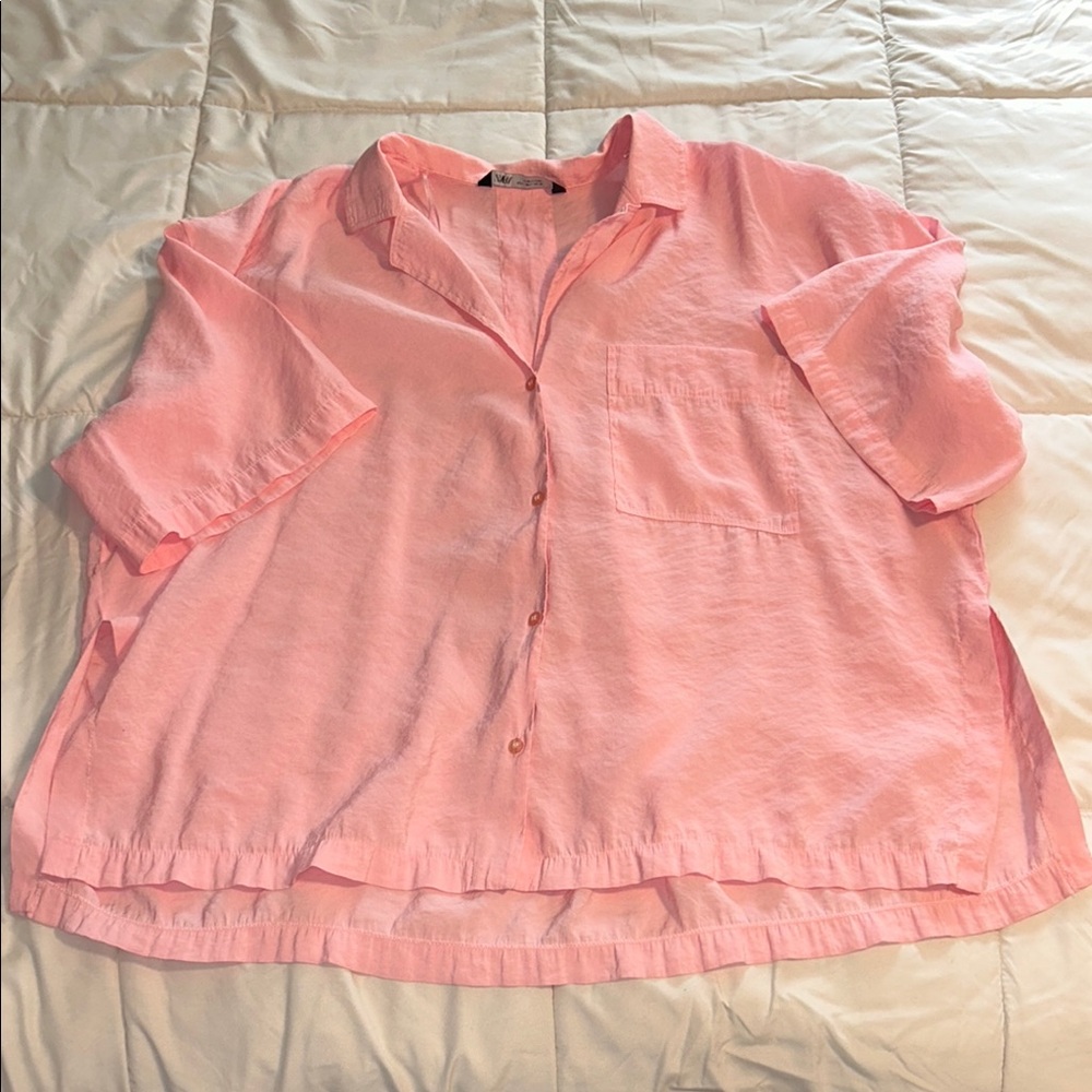 Zara Blouse Women's Size L Pink Flowy Oversized Button Up Shirt